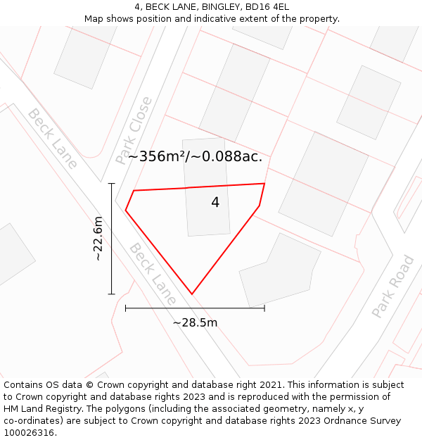 4, BECK LANE, BINGLEY, BD16 4EL: Plot and title map