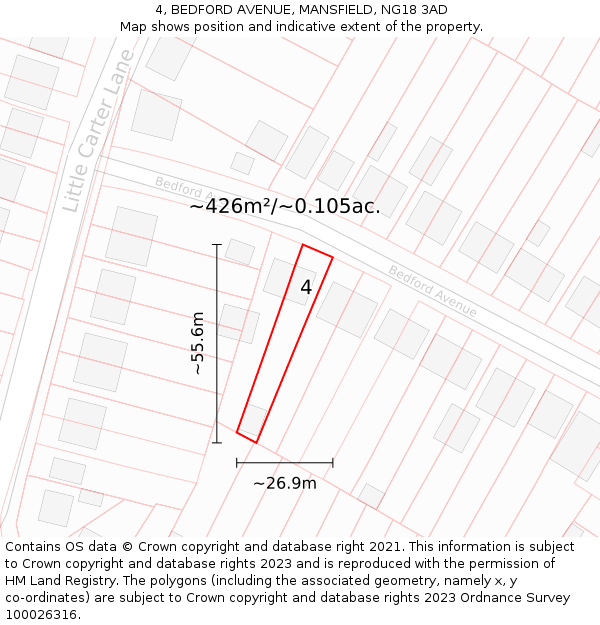 4, BEDFORD AVENUE, MANSFIELD, NG18 3AD: Plot and title map