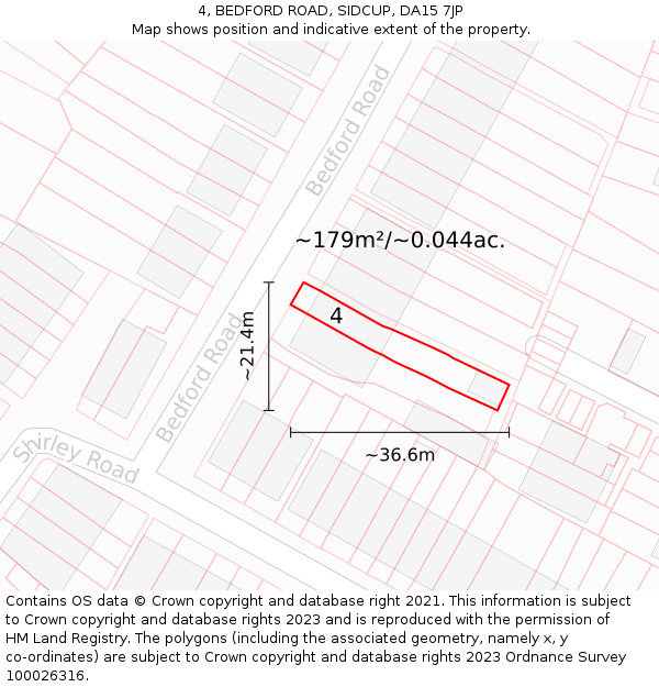 4, BEDFORD ROAD, SIDCUP, DA15 7JP: Plot and title map