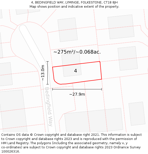 4, BEDINGFIELD WAY, LYMINGE, FOLKESTONE, CT18 8JH: Plot and title map