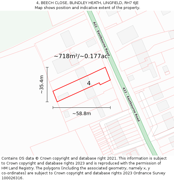 4, BEECH CLOSE, BLINDLEY HEATH, LINGFIELD, RH7 6JE: Plot and title map