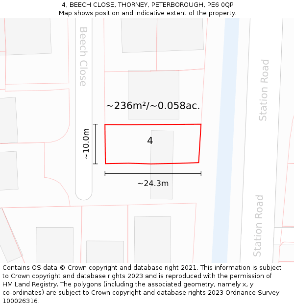 4, BEECH CLOSE, THORNEY, PETERBOROUGH, PE6 0QP: Plot and title map