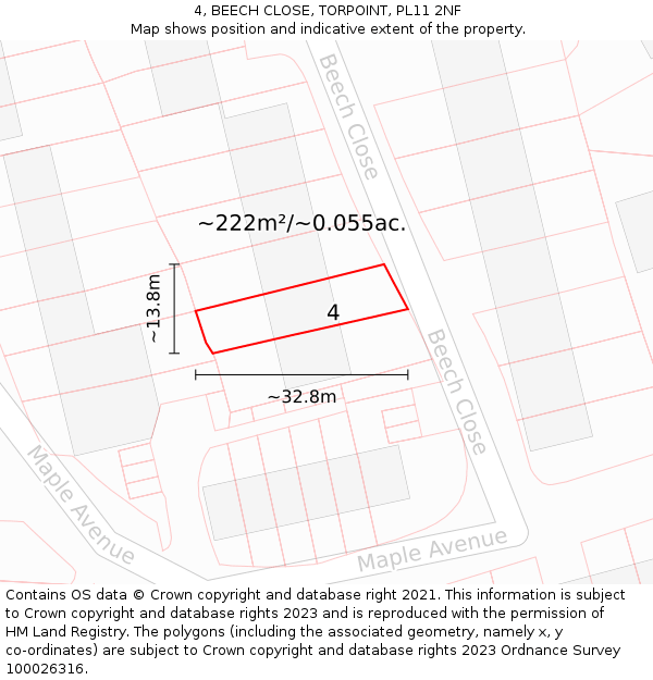 4, BEECH CLOSE, TORPOINT, PL11 2NF: Plot and title map