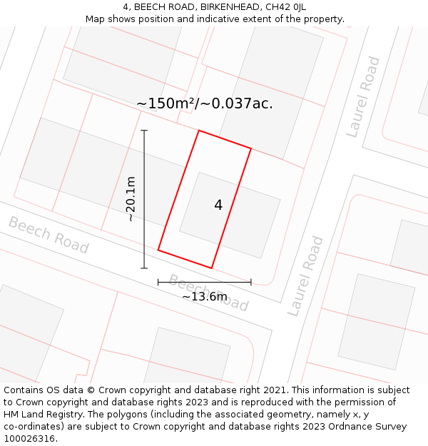4, BEECH ROAD, BIRKENHEAD, CH42 0JL: Plot and title map
