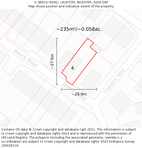 4, BEECH ROAD, LAUNTON, BICESTER, OX26 5AP: Plot and title map