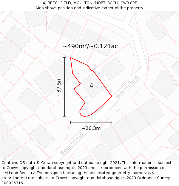 4, BEECHFIELD, MOULTON, NORTHWICH, CW9 8PF: Plot and title map