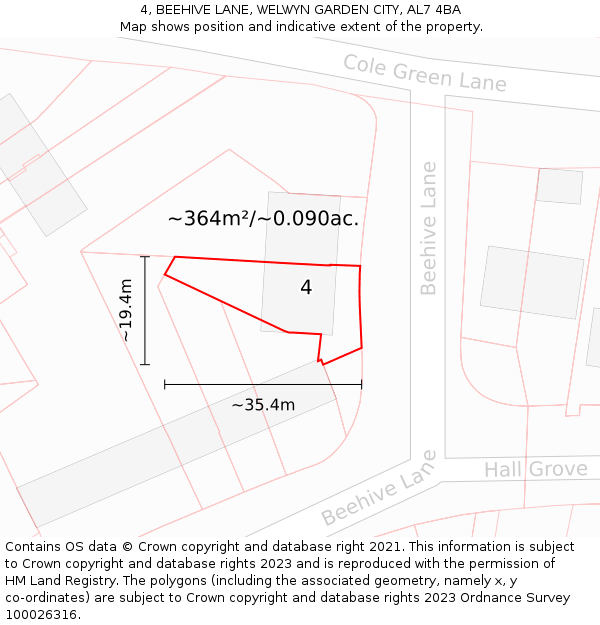 4, BEEHIVE LANE, WELWYN GARDEN CITY, AL7 4BA: Plot and title map