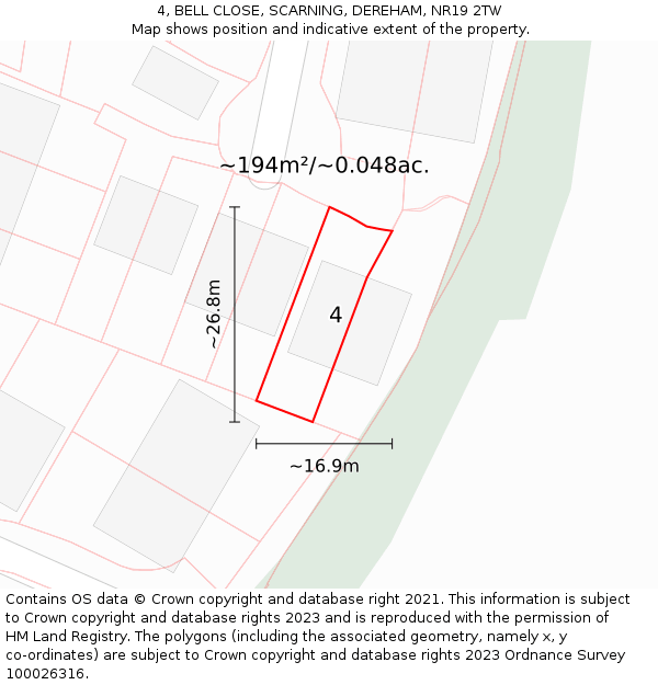 4, BELL CLOSE, SCARNING, DEREHAM, NR19 2TW: Plot and title map
