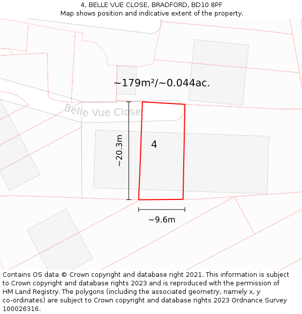 4, BELLE VUE CLOSE, BRADFORD, BD10 8PF: Plot and title map