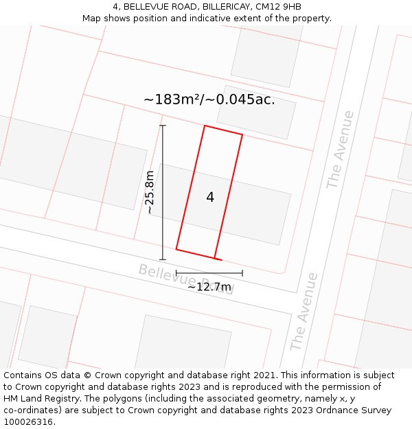 4, BELLEVUE ROAD, BILLERICAY, CM12 9HB: Plot and title map