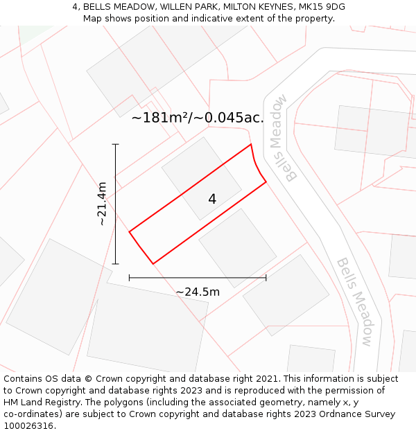 4, BELLS MEADOW, WILLEN PARK, MILTON KEYNES, MK15 9DG: Plot and title map