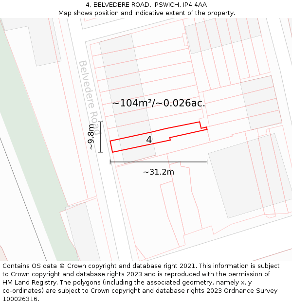 4, BELVEDERE ROAD, IPSWICH, IP4 4AA: Plot and title map