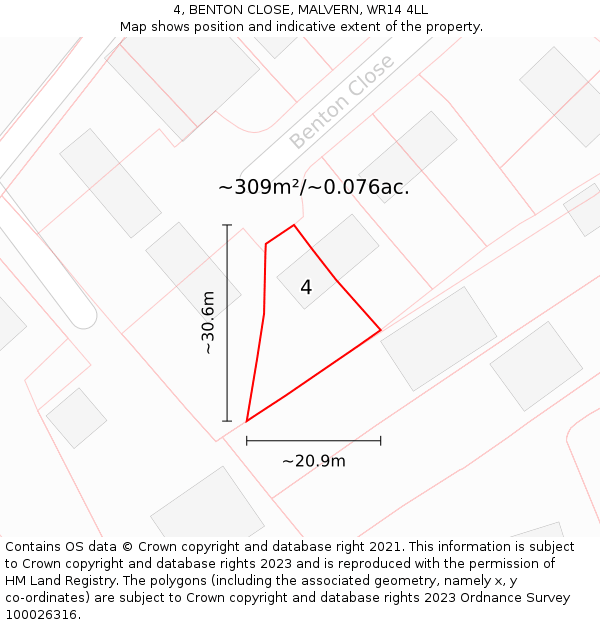 4, BENTON CLOSE, MALVERN, WR14 4LL: Plot and title map