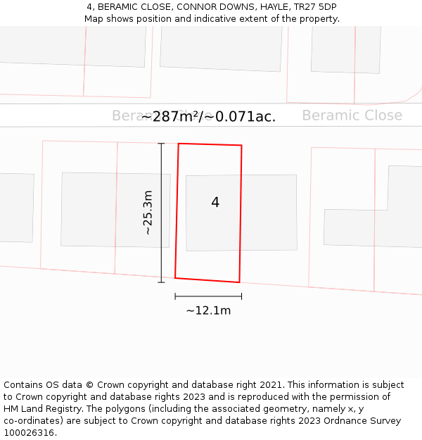 4, BERAMIC CLOSE, CONNOR DOWNS, HAYLE, TR27 5DP: Plot and title map