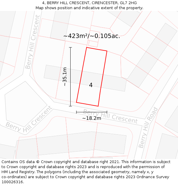 4, BERRY HILL CRESCENT, CIRENCESTER, GL7 2HG: Plot and title map