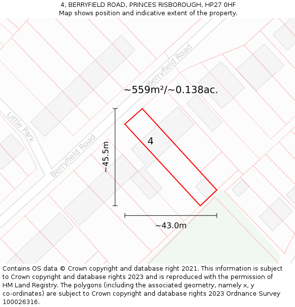 4, BERRYFIELD ROAD, PRINCES RISBOROUGH, HP27 0HF: Plot and title map