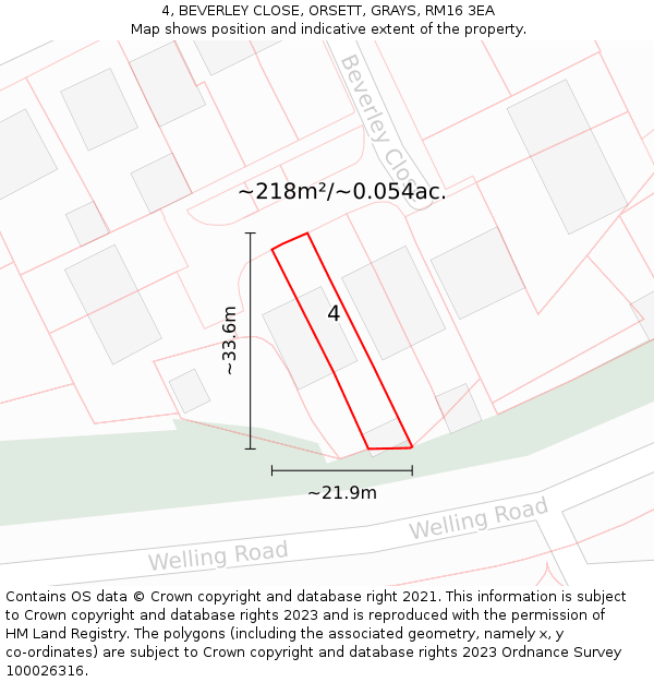4, BEVERLEY CLOSE, ORSETT, GRAYS, RM16 3EA: Plot and title map