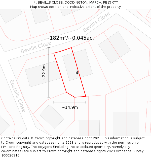 4, BEVILLS CLOSE, DODDINGTON, MARCH, PE15 0TT: Plot and title map