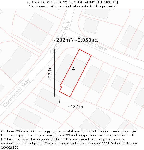 4, BEWICK CLOSE, BRADWELL, GREAT YARMOUTH, NR31 9UJ: Plot and title map