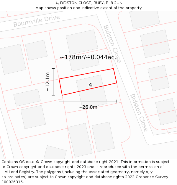 4, BIDSTON CLOSE, BURY, BL8 2UN: Plot and title map