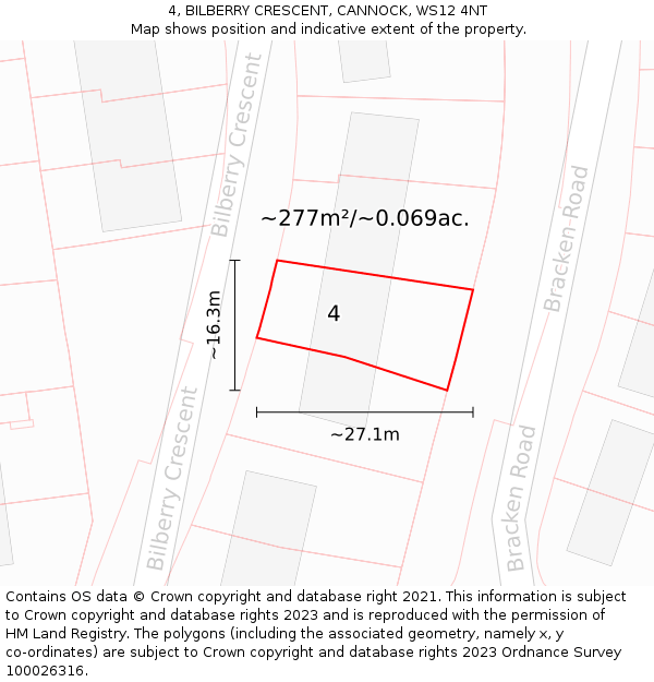 4, BILBERRY CRESCENT, CANNOCK, WS12 4NT: Plot and title map