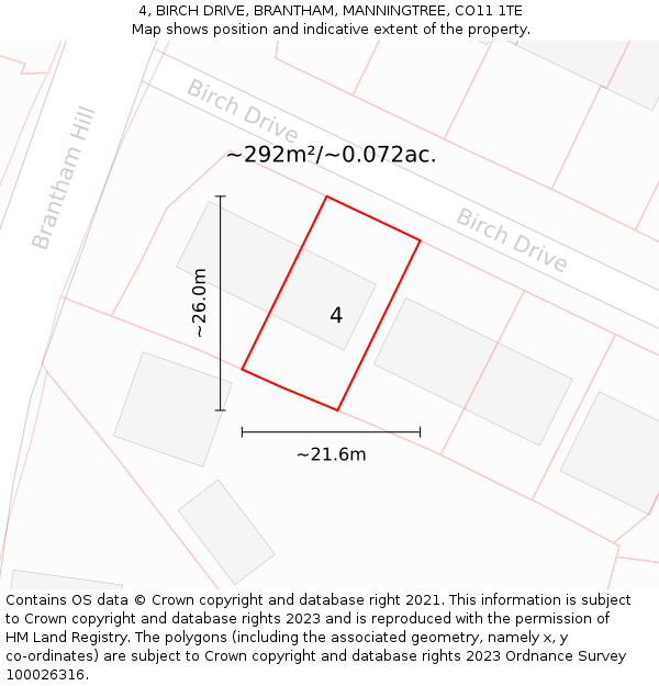 4, BIRCH DRIVE, BRANTHAM, MANNINGTREE, CO11 1TE: Plot and title map