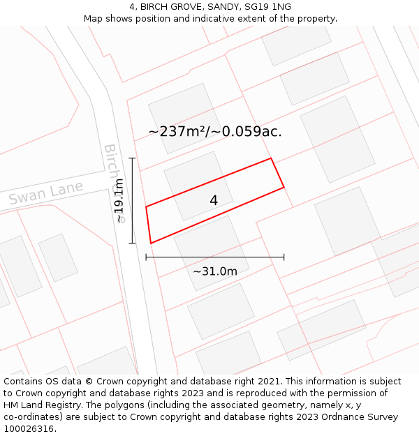 4, BIRCH GROVE, SANDY, SG19 1NG: Plot and title map
