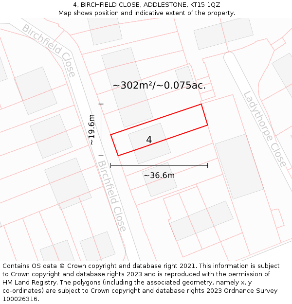 4, BIRCHFIELD CLOSE, ADDLESTONE, KT15 1QZ: Plot and title map