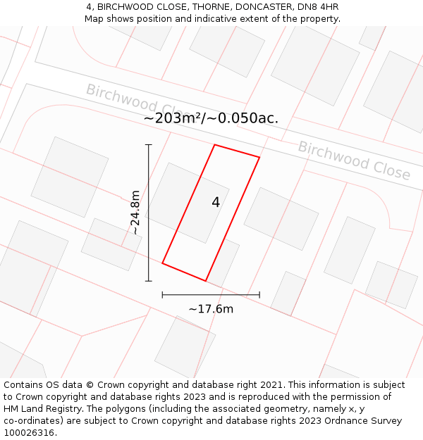 4, BIRCHWOOD CLOSE, THORNE, DONCASTER, DN8 4HR: Plot and title map