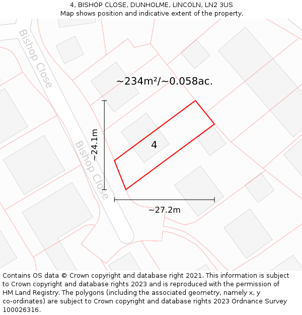 4, BISHOP CLOSE, DUNHOLME, LINCOLN, LN2 3US: Plot and title map