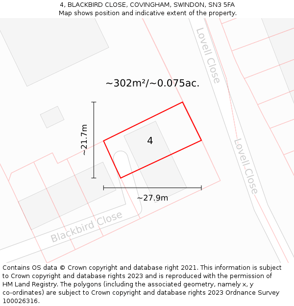 4, BLACKBIRD CLOSE, COVINGHAM, SWINDON, SN3 5FA: Plot and title map