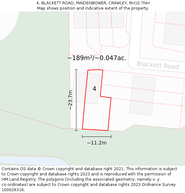 4, BLACKETT ROAD, MAIDENBOWER, CRAWLEY, RH10 7NH: Plot and title map
