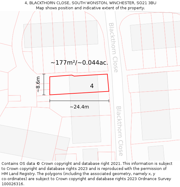 4, BLACKTHORN CLOSE, SOUTH WONSTON, WINCHESTER, SO21 3BU: Plot and title map