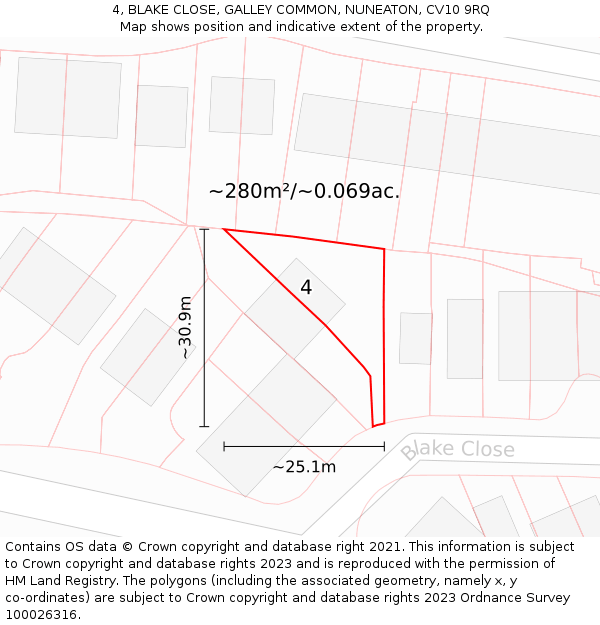 4, BLAKE CLOSE, GALLEY COMMON, NUNEATON, CV10 9RQ: Plot and title map