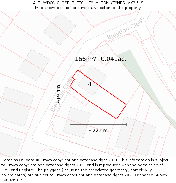 4, BLAYDON CLOSE, BLETCHLEY, MILTON KEYNES, MK3 5LS: Plot and title map