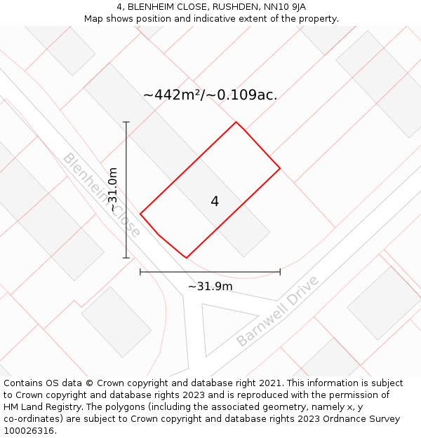 4, BLENHEIM CLOSE, RUSHDEN, NN10 9JA: Plot and title map