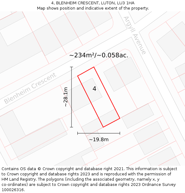 4, BLENHEIM CRESCENT, LUTON, LU3 1HA: Plot and title map