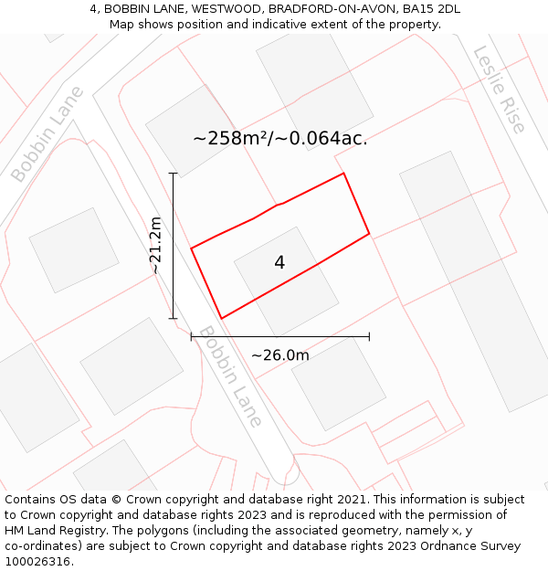 4, BOBBIN LANE, WESTWOOD, BRADFORD-ON-AVON, BA15 2DL: Plot and title map