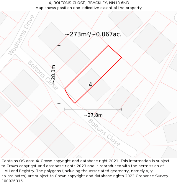 4, BOLTONS CLOSE, BRACKLEY, NN13 6ND: Plot and title map
