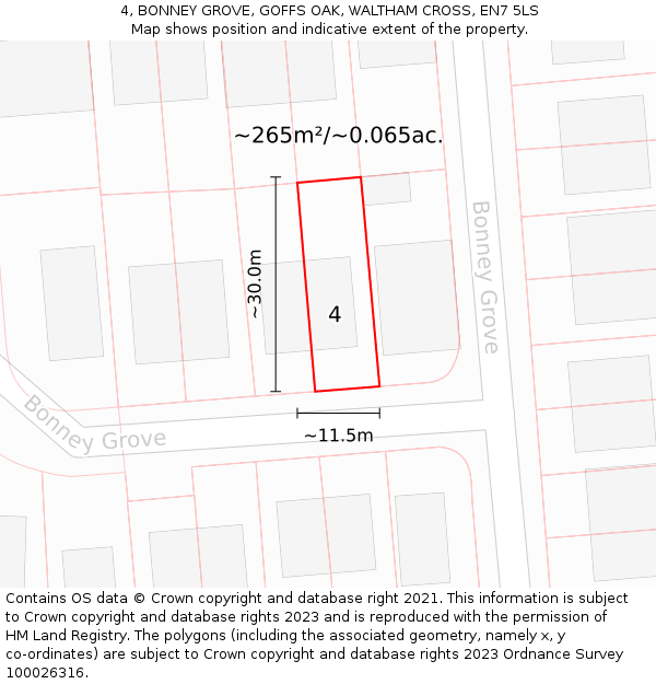 4, BONNEY GROVE, GOFFS OAK, WALTHAM CROSS, EN7 5LS: Plot and title map