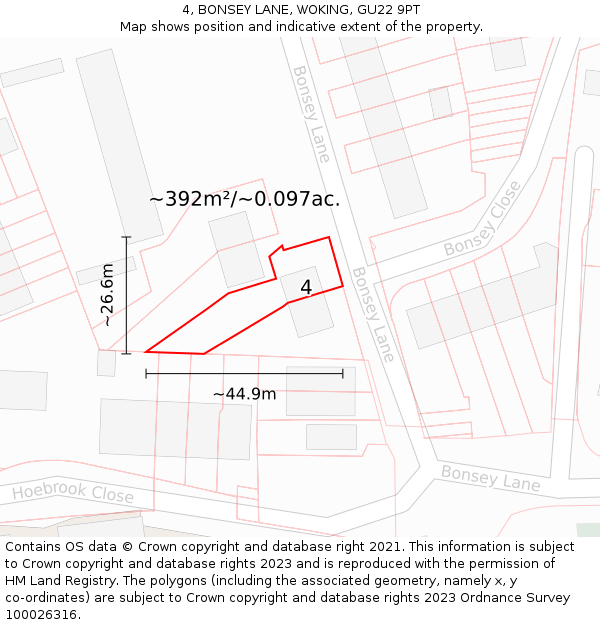 4, BONSEY LANE, WOKING, GU22 9PT: Plot and title map