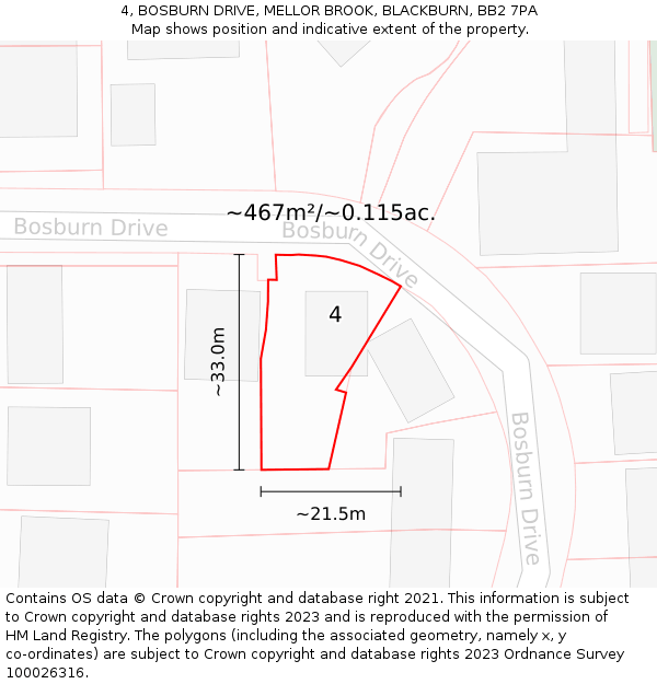 4, BOSBURN DRIVE, MELLOR BROOK, BLACKBURN, BB2 7PA: Plot and title map