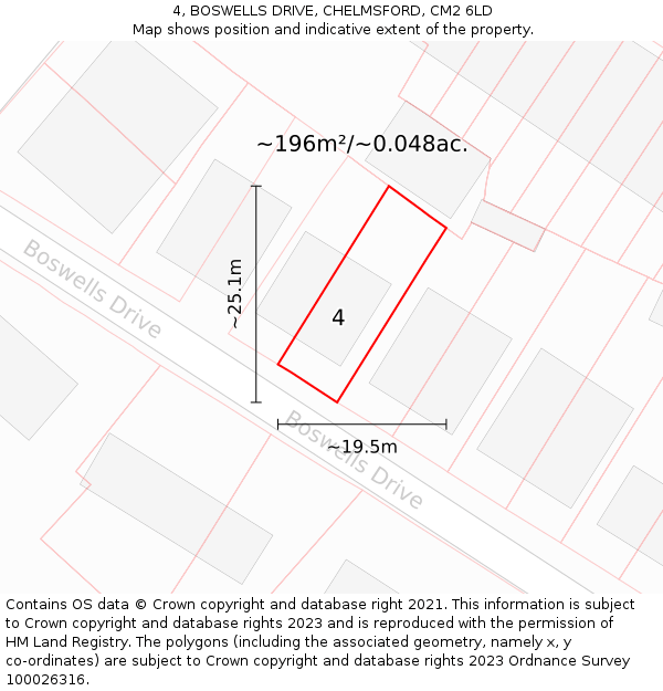 4, BOSWELLS DRIVE, CHELMSFORD, CM2 6LD: Plot and title map