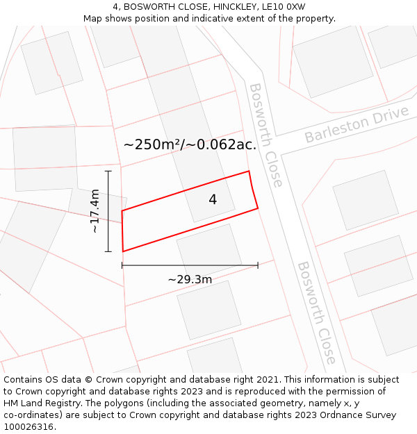 4, BOSWORTH CLOSE, HINCKLEY, LE10 0XW: Plot and title map