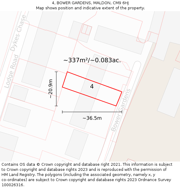 4, BOWER GARDENS, MALDON, CM9 6HJ: Plot and title map