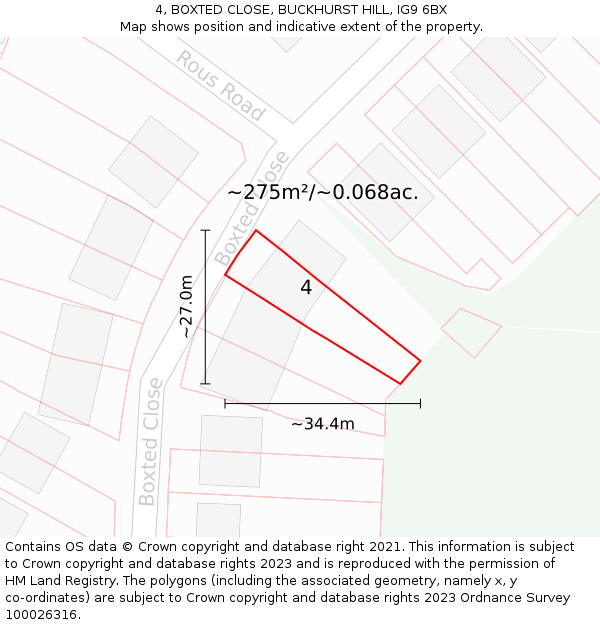 4, BOXTED CLOSE, BUCKHURST HILL, IG9 6BX: Plot and title map