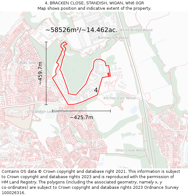 4, BRACKEN CLOSE, STANDISH, WIGAN, WN6 0GR: Plot and title map