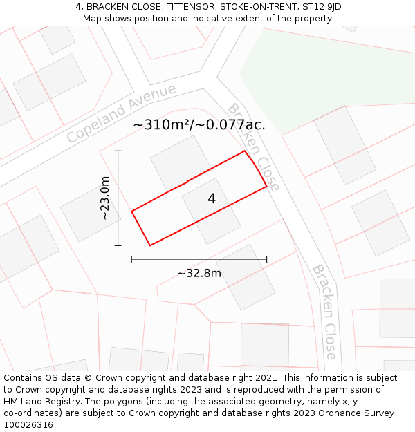 4, BRACKEN CLOSE, TITTENSOR, STOKE-ON-TRENT, ST12 9JD: Plot and title map
