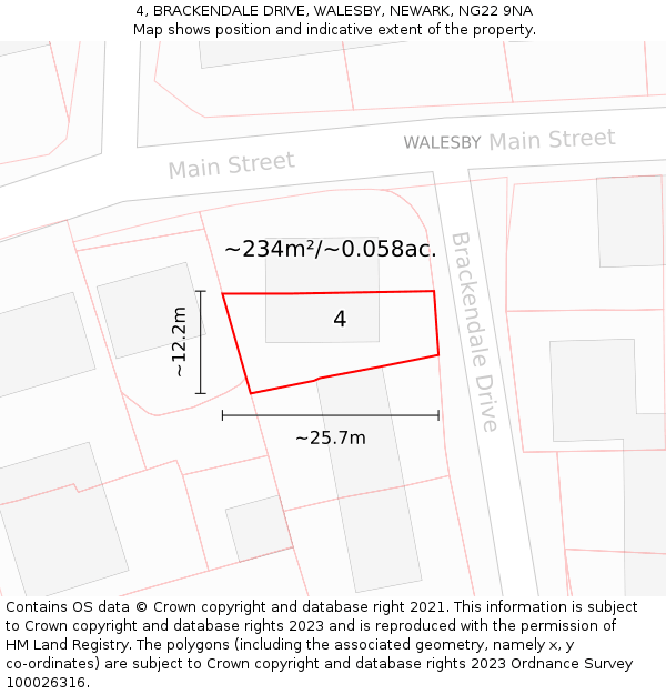 4, BRACKENDALE DRIVE, WALESBY, NEWARK, NG22 9NA: Plot and title map