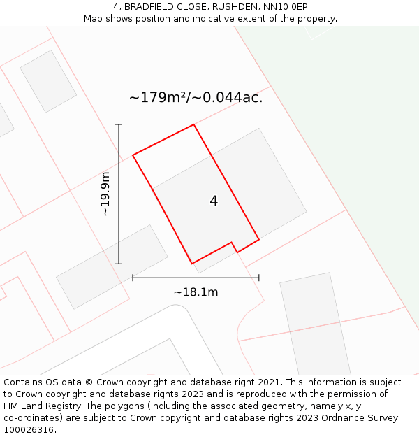4, BRADFIELD CLOSE, RUSHDEN, NN10 0EP: Plot and title map